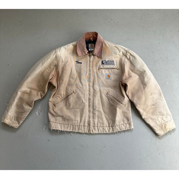 Vintage Carhartt Tan Canvas Work Jacket Embroidered “Tony” Patch Distressed Zip